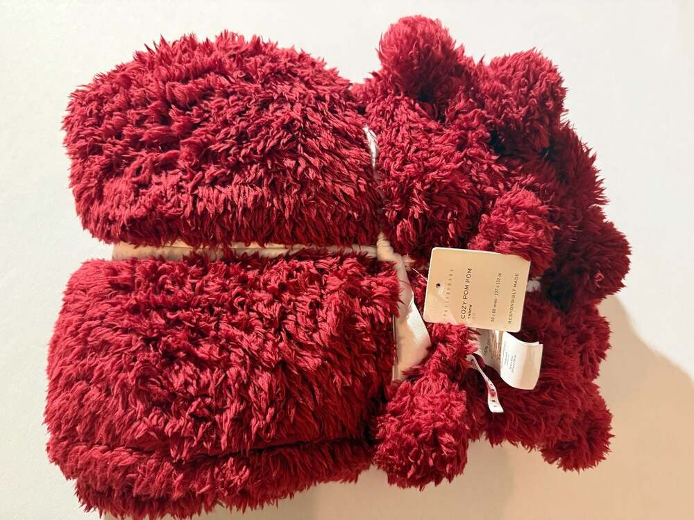 Pottery Barn Cozy Pom Pom Sherpa Throw, 50 x 60 Inches